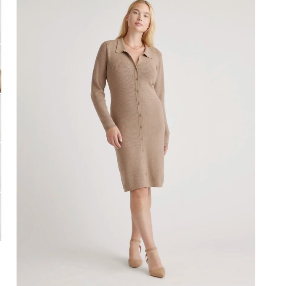 Quince Eco-Knit Button-Up Sweater Dress, Small, Taupe